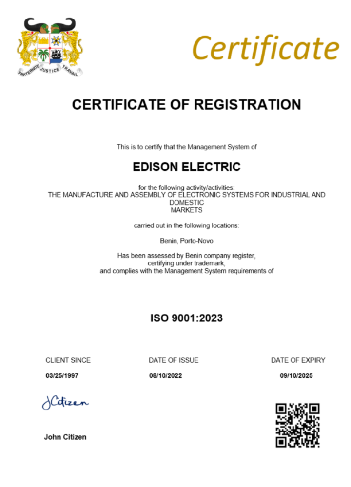 Benin certificate of registration Word and PDF template